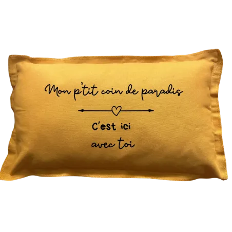 Coussin destination personnalisé moutarde "Mon p'tit coin de paradis