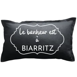 Coussin rectangulaire noir personnalisé destination : Le bonheur est à ...