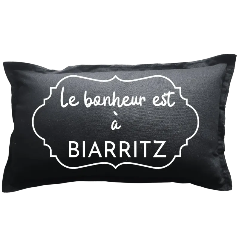 Coussin rectangulaire noir personnalisé destination : Le bonheur est à ...