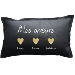 Coussin rectangulaire noir personnalisé famille : Mes Amours