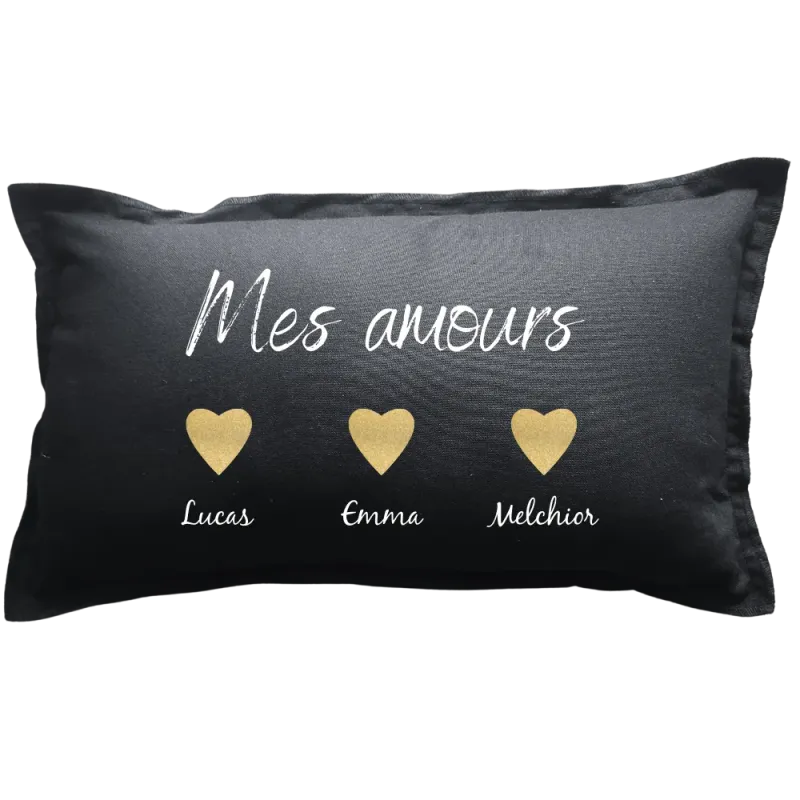 Coussin rectangulaire noir personnalisé famille : Mes Amours