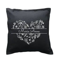 Coussin carré noir personnalisé : Prénom Cœur