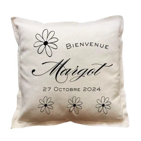 Coussin carré beige personnalisé naissance : Bienvenue [Prénom]