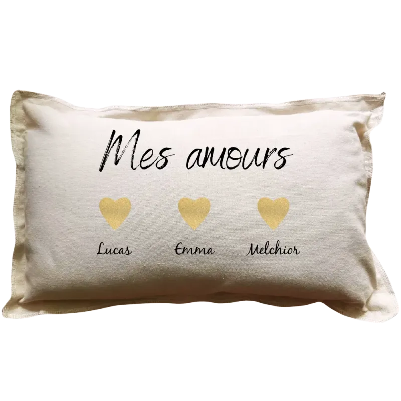 Coussin rectangulaire beige personnalisé famille : Mes Amours