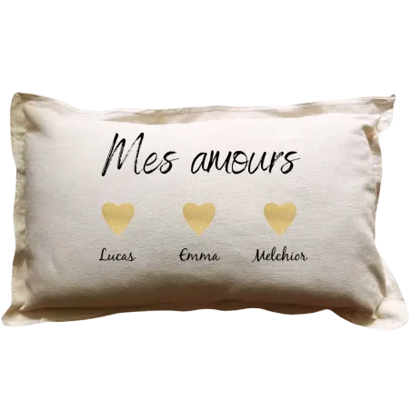 Coussin rectangulaire beige personnalisé famille : Mes Amours