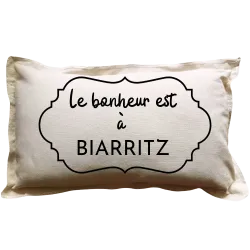 Coussin rectangulaire beige personnalisé destination : Le bonheur est à ...