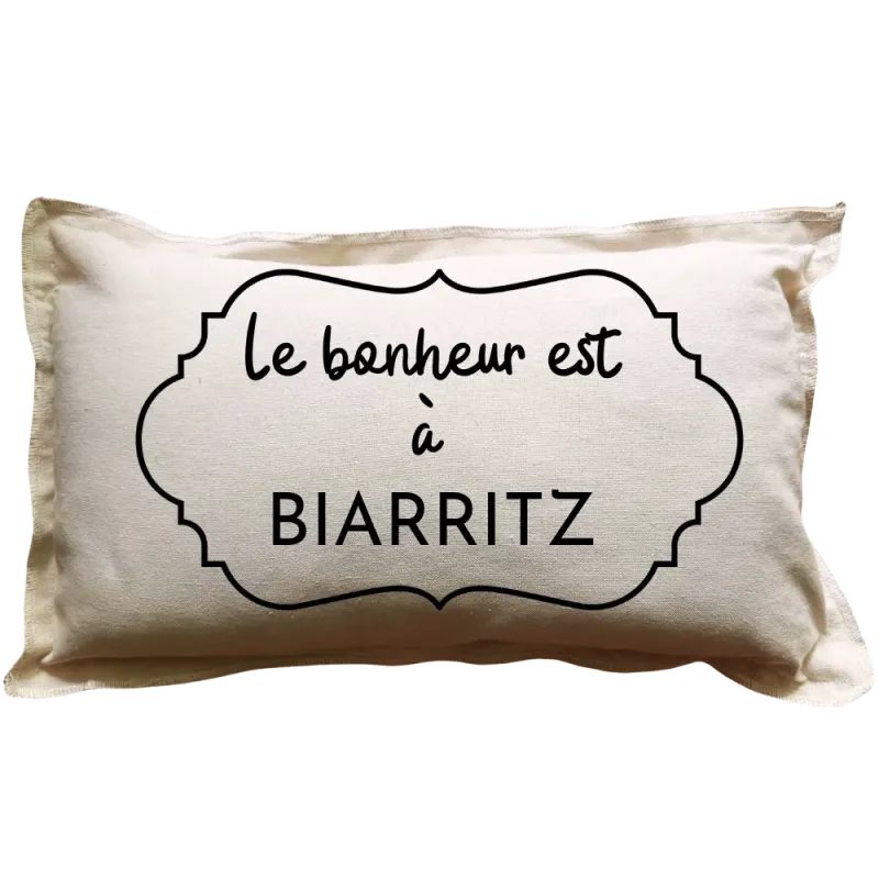 Coussin rectangulaire beige personnalisé destination : Le bonheur est à ...