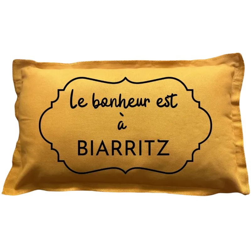 Coussin rectangulaire moutarde personnalisé destination : Le bonheur est à ...