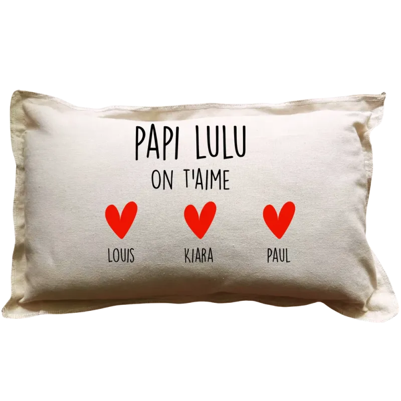 Coussin rectangulaire beige personnalisé famille : Papi ... on t'aime
