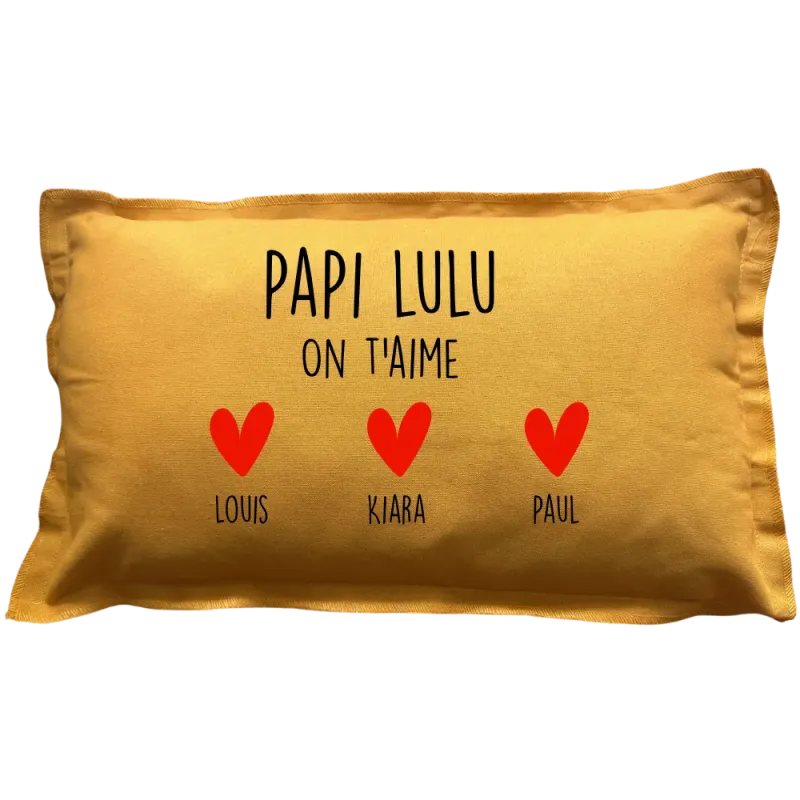 Coussin rectangulaire moutarde personnalisé famille : Papi ... on t'aime