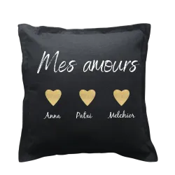 Coussin carré noir personnalisé famille : Mes Amours