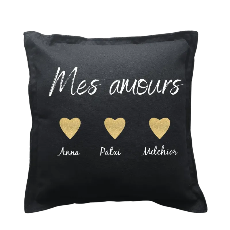 Coussin carré noir personnalisé famille : Mes Amours