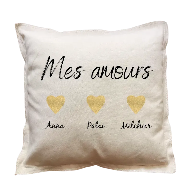 Coussin carré beige personnalisé famille : Mes Amours
