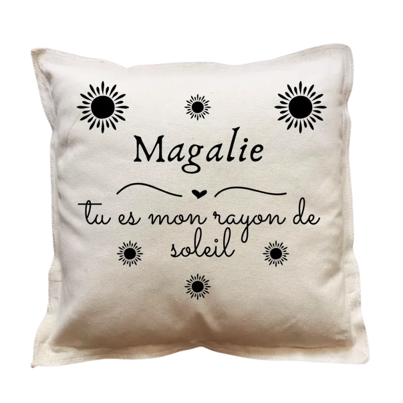 Coussin carré beige personnalisable prénom : Tu es mon rayon de soleil