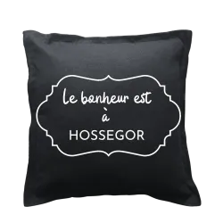 Coussin carré noir personnalisé destination : Le bonheur est à ...