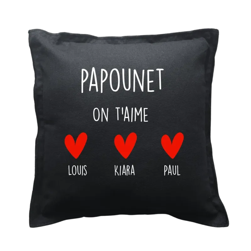 Coussin carré noir personnalisé famille : Papi on t'aime
