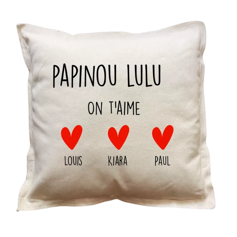 Coussin carré beige personnalisé famille : Papi on t'aime