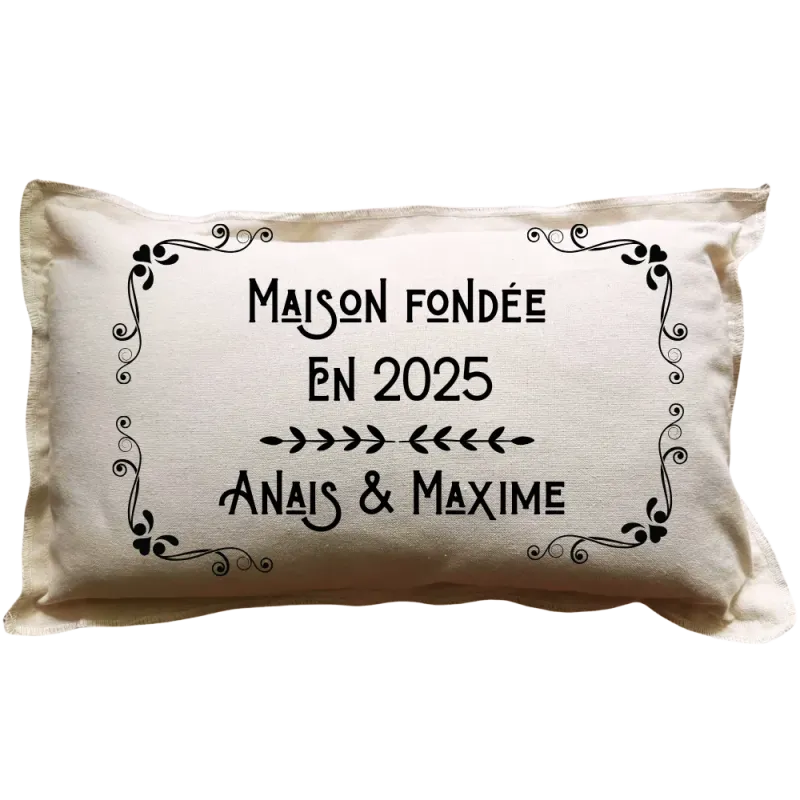 Coussin rectangulaire beige personnalisé mariage : Maison fondée en ...
