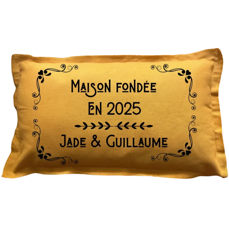 Coussin rectangulaire moutarde personnalisé mariage : Maison fondée en ...
