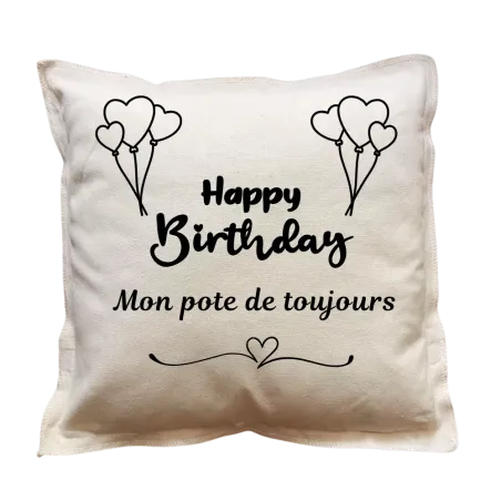 Coussin carré beige personnalisé famille : Happy birthday
