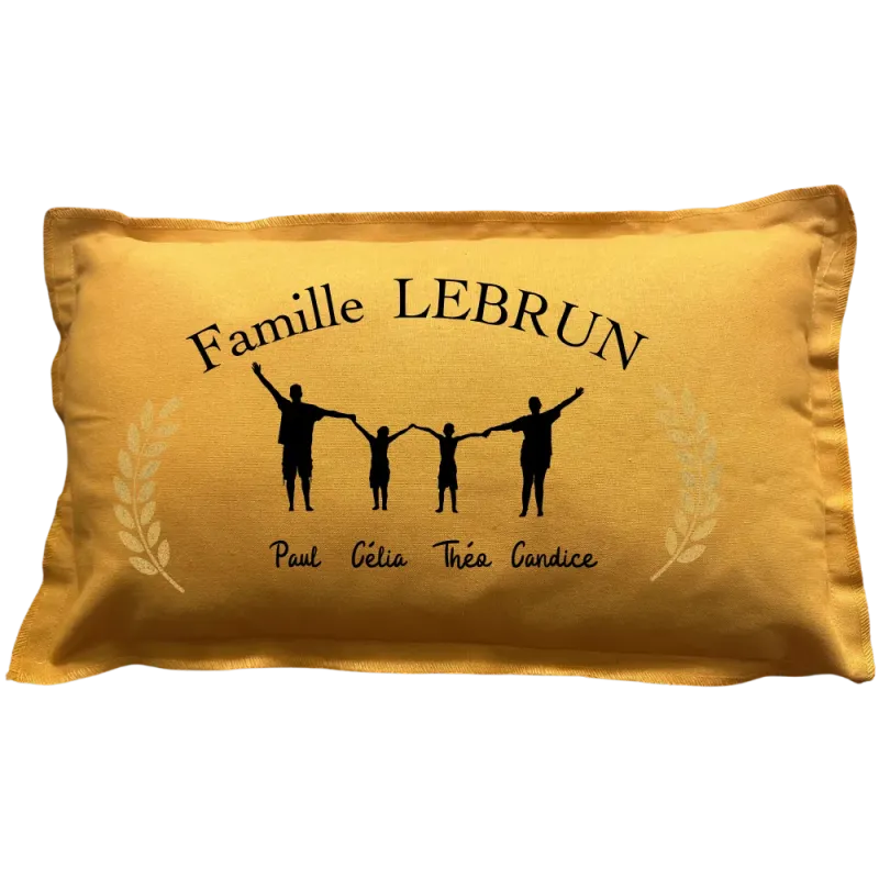 Coussin rectangulaire moutarde personnalisé : Famille silhouettes