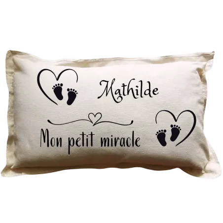 Coussin rectangulaire beige personnalisé naissance : Mon petit miracle