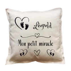 Coussin carré beige personnalisé naissance : Mon petit miracle