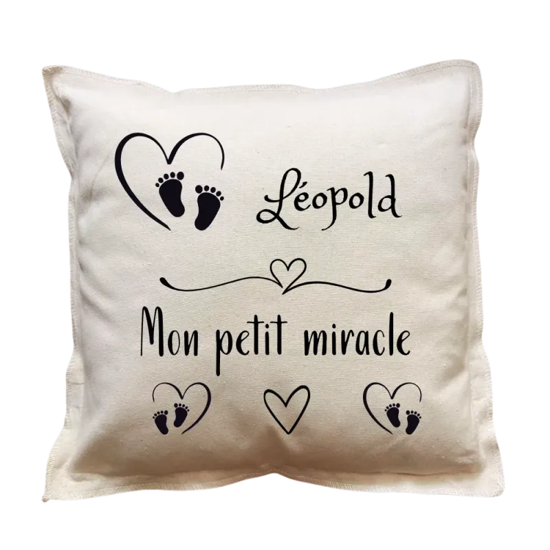 Coussin carré beige personnalisé naissance : Mon petit miracle