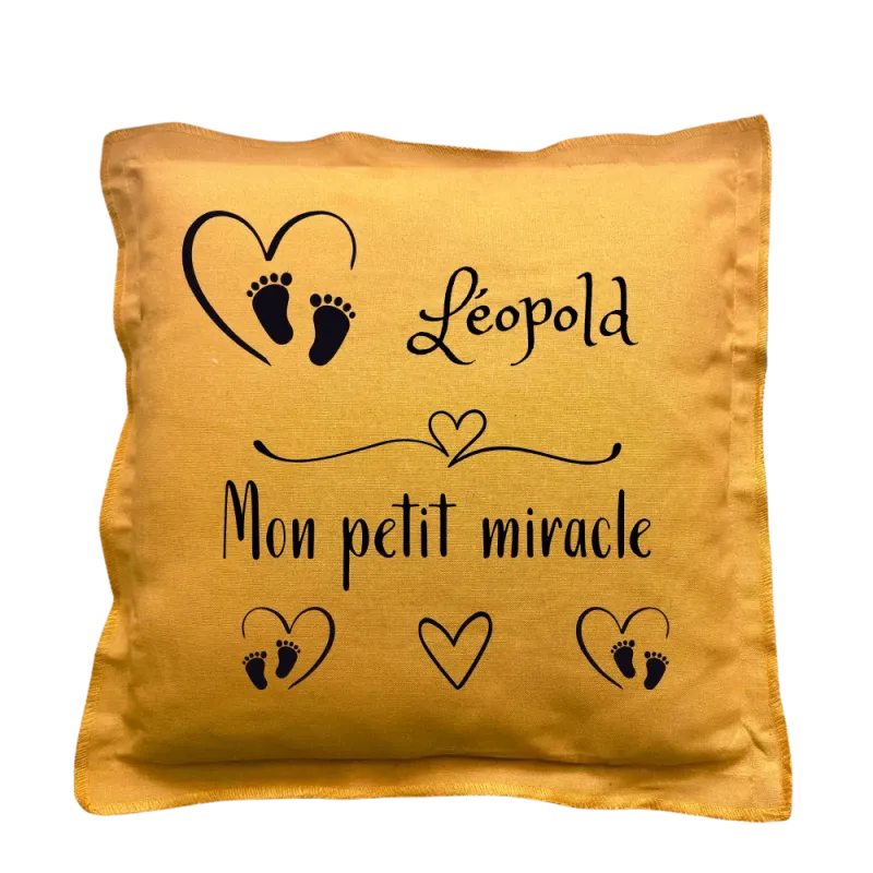 Coussin carré moutarde personnalisé naissance : Mon petit miracle