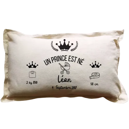 Coussin rectangulaire beige personnalisé naissance : Un prince est né