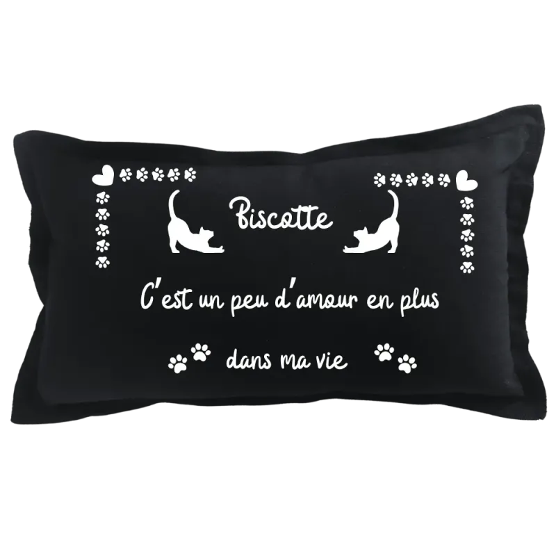 Coussin rectangulaire noir personnalisé animaux : Chat : C’est un peu d’amour en plus dans ma vie