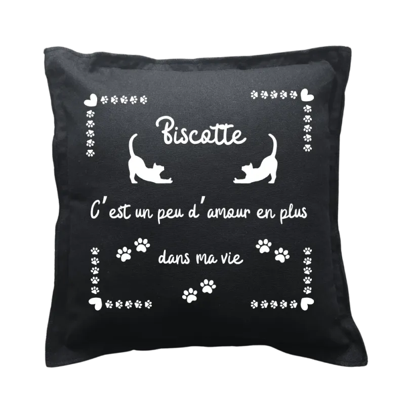 Coussin carré noir personnalisé Chat : C’est un peu d’amour en plus dans ma vie