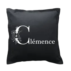 Coussin carré noir personnalisé : Lettre fleurie prénom