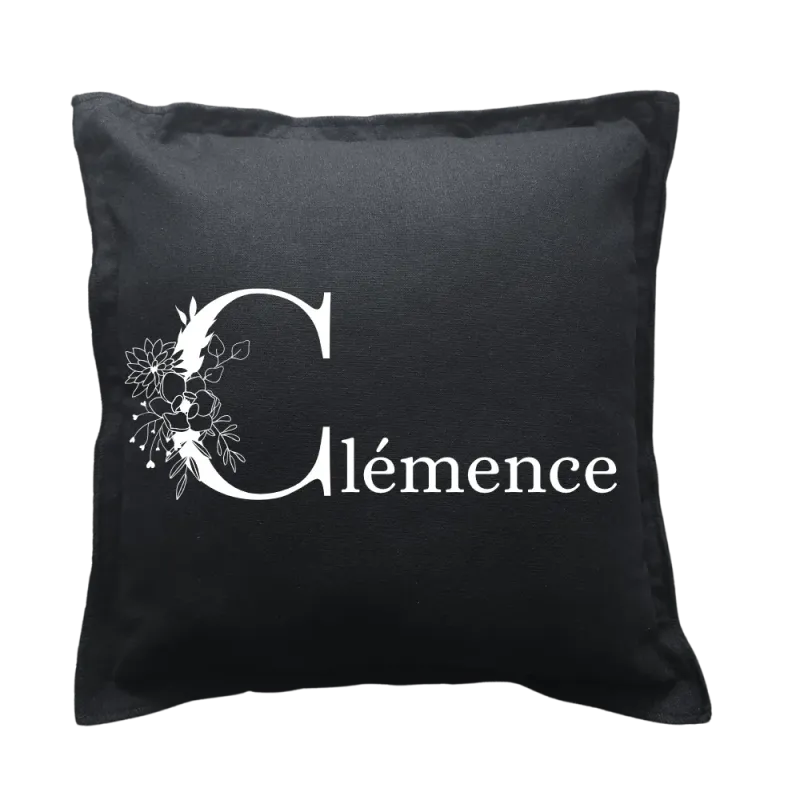 Coussin carré noir personnalisé : Lettre fleurie prénom
