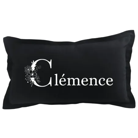 Coussin rectangulaire noir personnalisable Lettre fleurie prénom