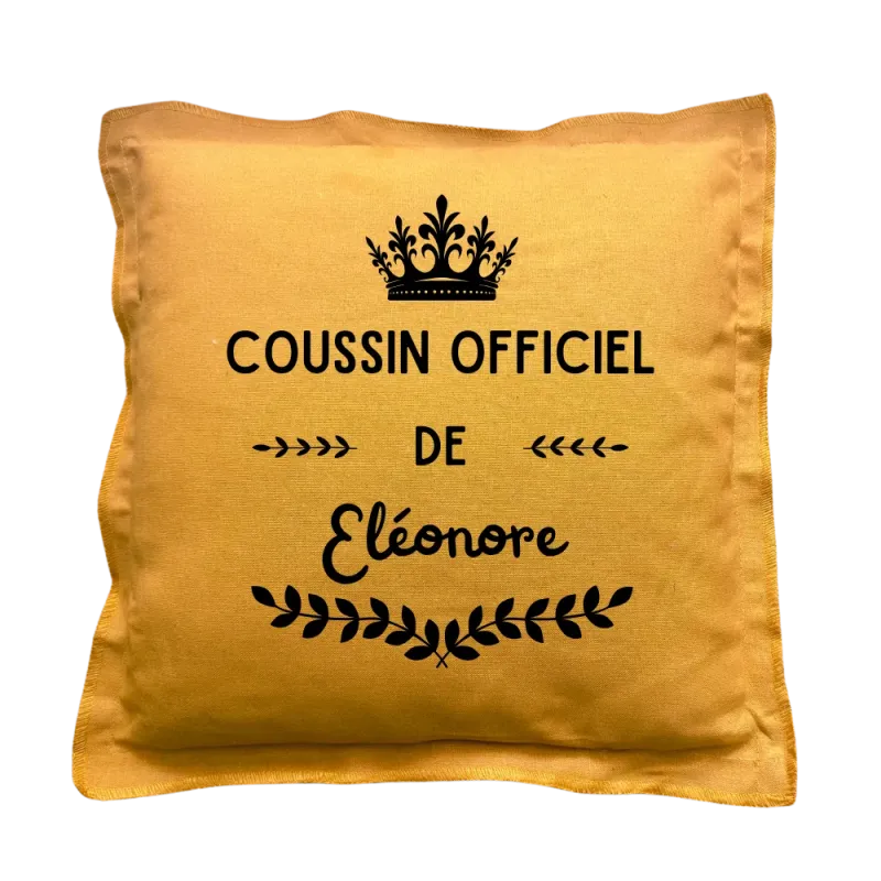 Coussin carré moutarde personnalisé prénom : Coussin officiel de