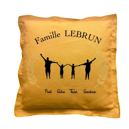 Coussin carré moutarde personnalisé : Famille silhouettes