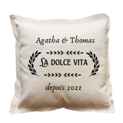 Coussin carré beige personnalisé mariage : La dolce vita