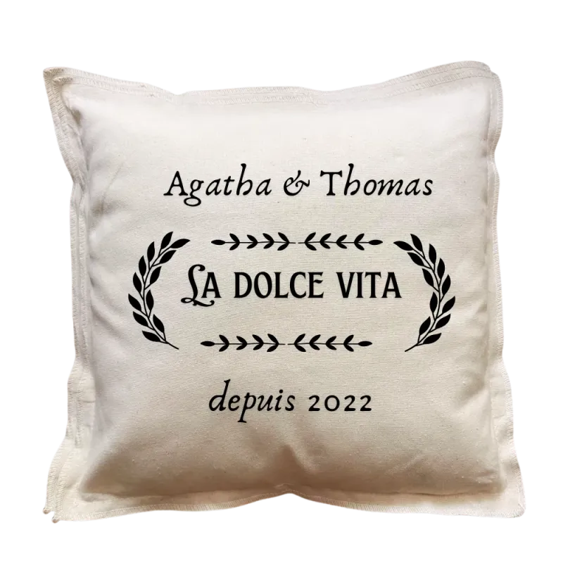 Coussin carré beige personnalisé mariage : La dolce vita
