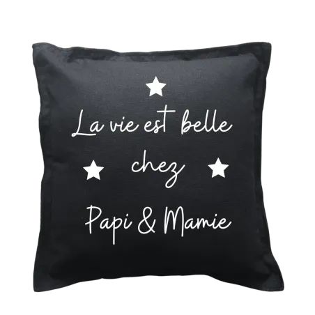 Coussin carré noir personnalisé famille : La vie est belle chez ...