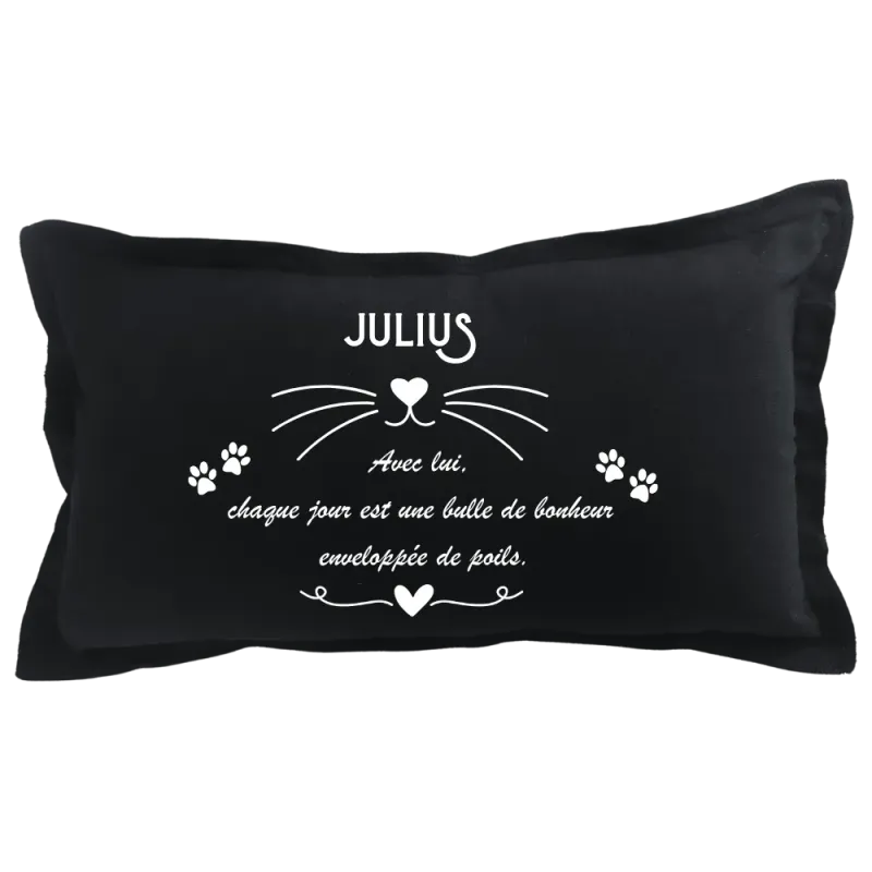 Coussin rectangulaire noir personnalisable Chat :  Avec lui ou elle, chaque jour est une bulle de bonheur