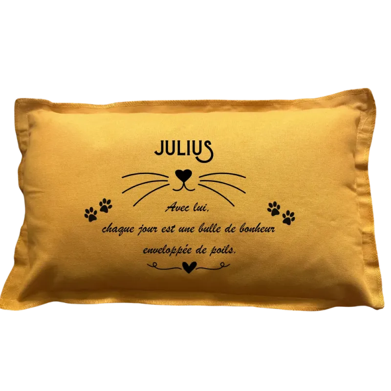 Coussin rectangulaire moutarde personnalisable Chat :  Avec lui ou elle, chaque jour est une bulle de bonheur