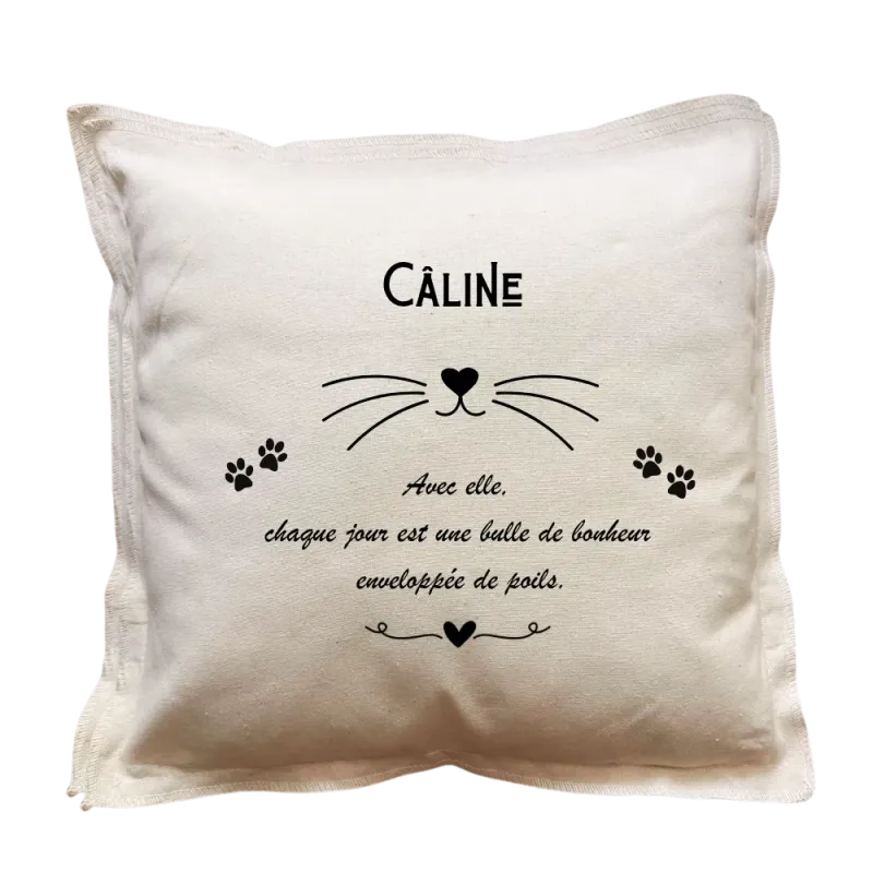 Coussin carré beige personnalisable Chat : Chaque jour est une bulle de bonheur