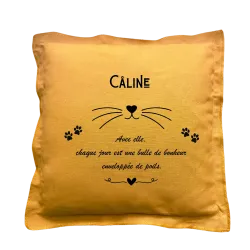 Coussin carré moutarde personnalisable Chat : Chaque jour est une bulle de bonheur