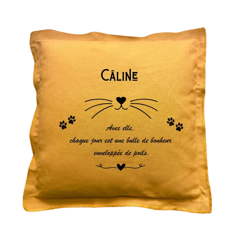 Coussin carré moutarde personnalisable Chat : Chaque jour est une bulle de bonheur
