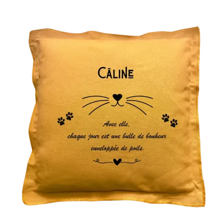 Coussin carré moutarde personnalisable Chat : Chaque jour est une bulle de bonheur
