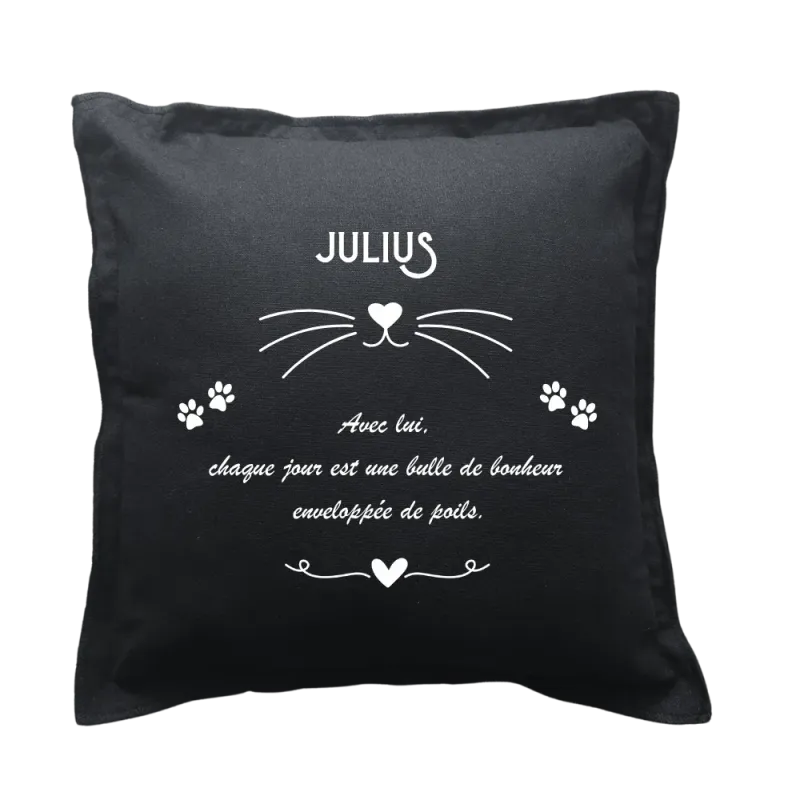 Coussin carré noir personnalisable Chat : Chaque jour est une bulle de bonheur