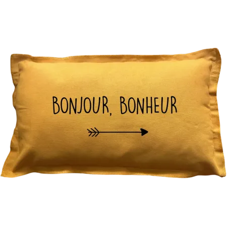 Coussin à message rectangulaire moutarde: Bonjour bonheur