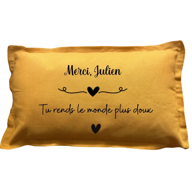 Coussin rectangulaire moutarde personnalisé : Merci, Prénom ...