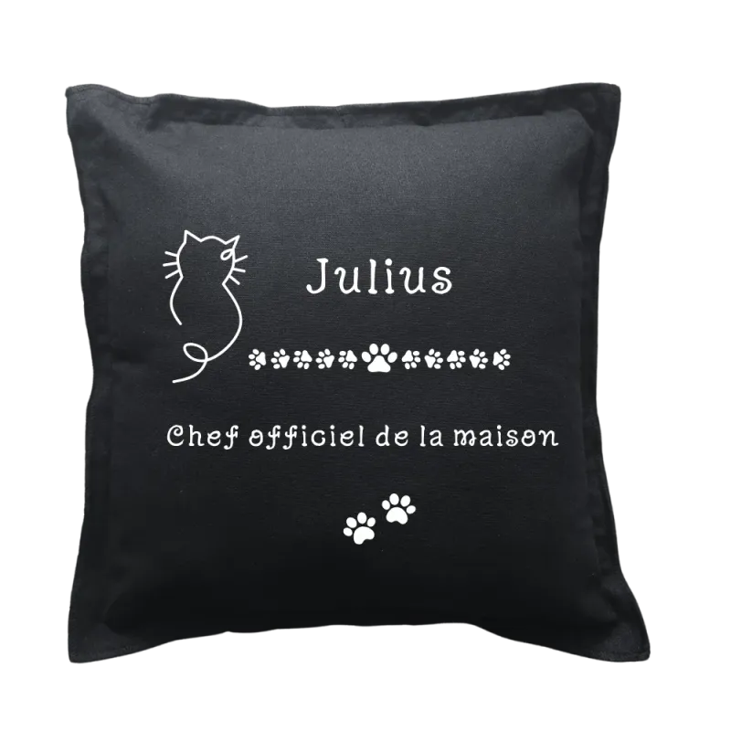 Coussin carré noir personnalisé Chat : Chef officiel ...